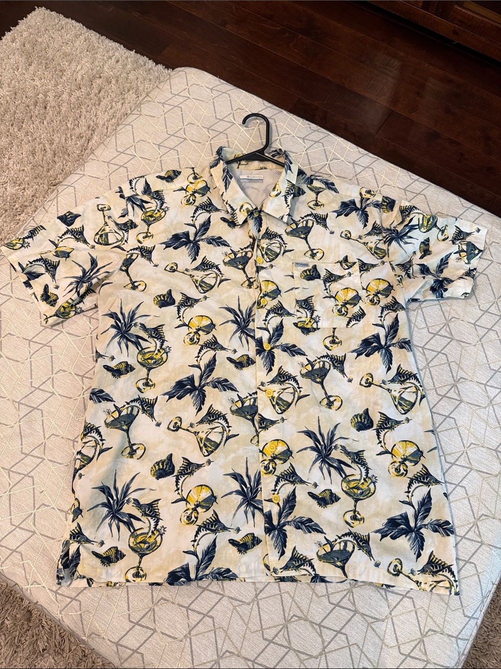 Men's Short-Sleeve Tropical Print Shirt - White with Navy & Yellow